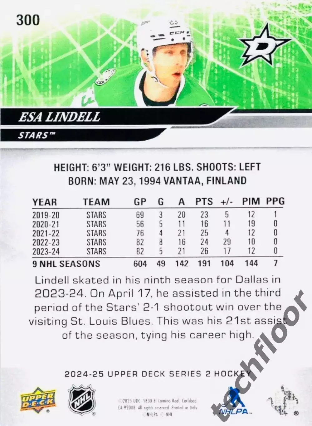 Карточка NHL Esa Lindell Dallas Stars/Эса Линделл Даллас НХЛ 1