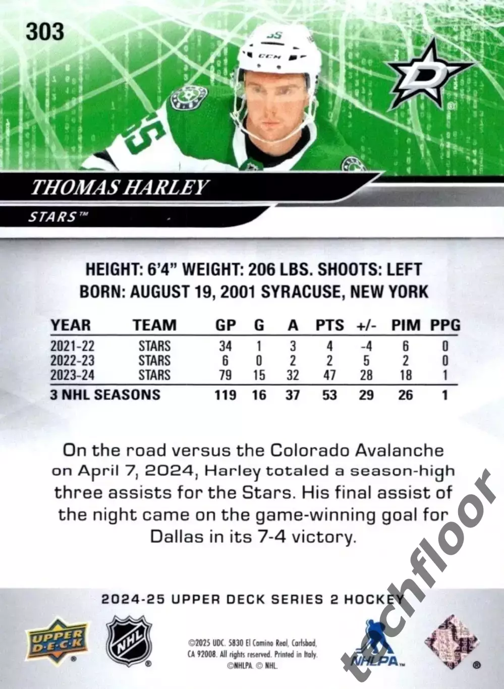 Карточка NHL Thomas Harley Dallas Stars/Томас Харли Даллас НХЛ 1