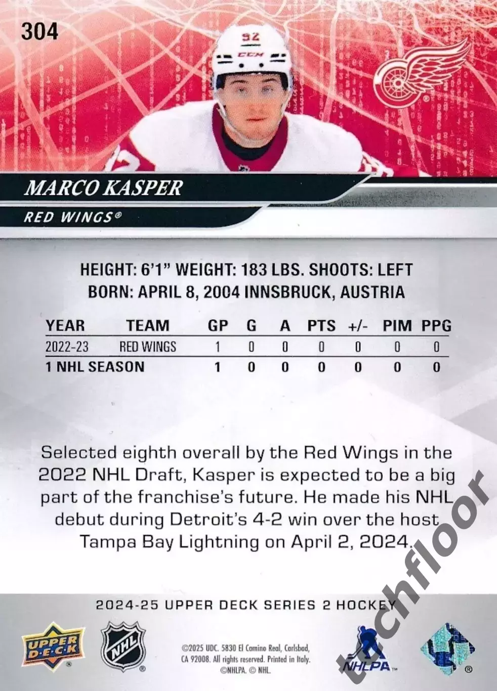 Карточка NHL Marco Kasper Detroit Red Wings/Марко Каспер Детройт НХЛ 1