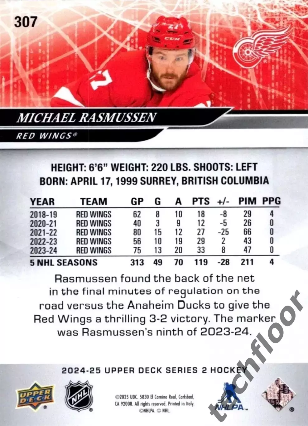 Карточка NHL Michael Rasmussen Detroit Red Wings/Майкл Расмуссен Детройт НХЛ 1