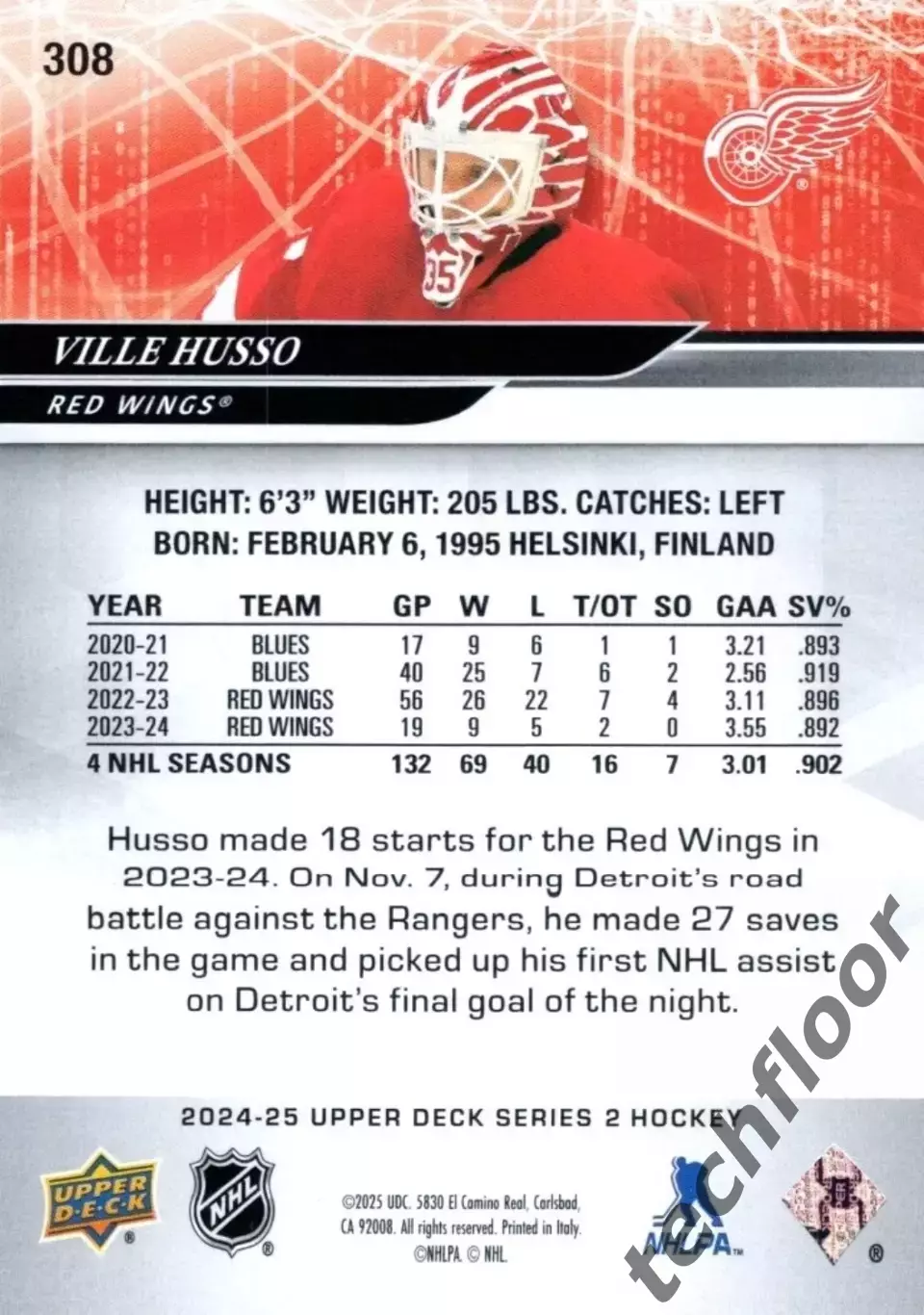 Карточка NHL Ville Husso Detroit Red Wings/Вилле Хуссо Детройт НХЛ 1