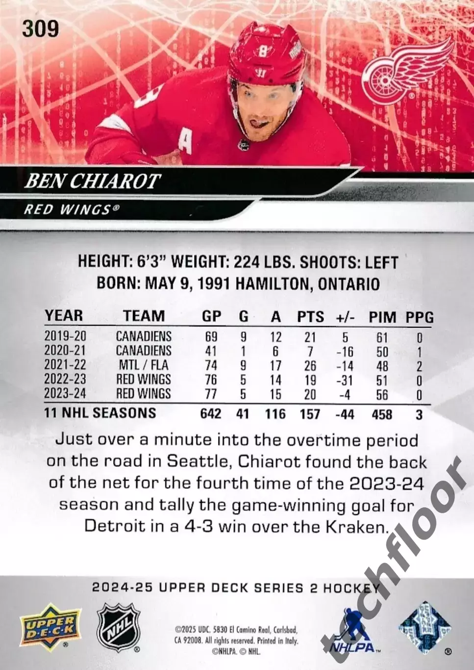 Карточка NHL Ben Chiarot Detroit Red Wings/Бен Шарот Детройт НХЛ 1