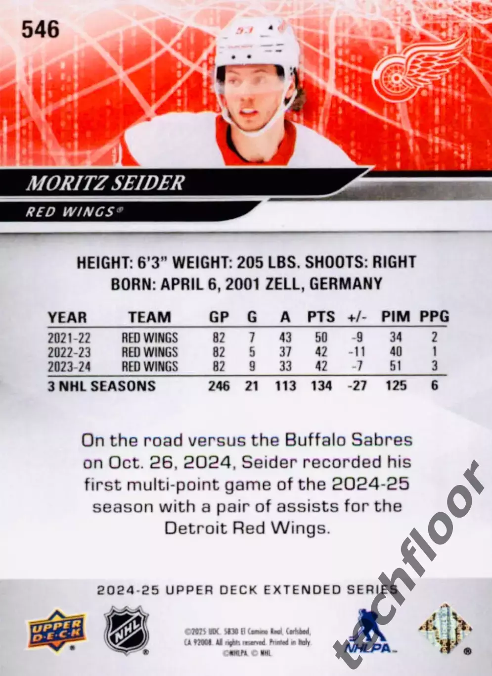 Карточка NHL Moritz Seider Detroit Red Wings /Моритц Зайдер Детройт НХЛ 1