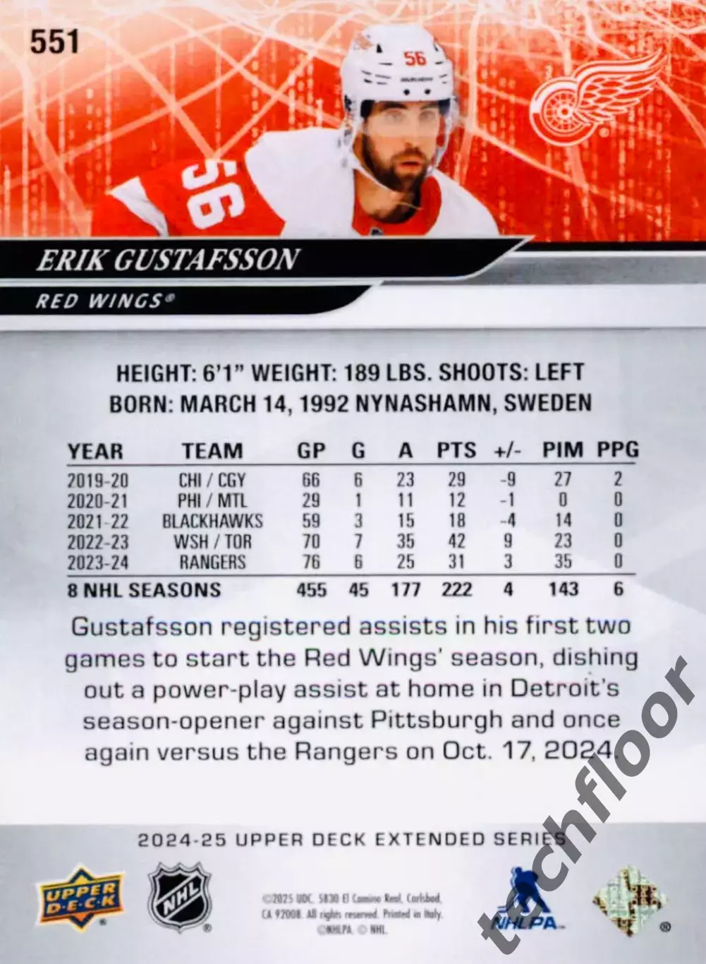 Карточка NHL Erik Gustafsson Detroit Red Wings/Эрик Густафссон Детройт НХЛ 1