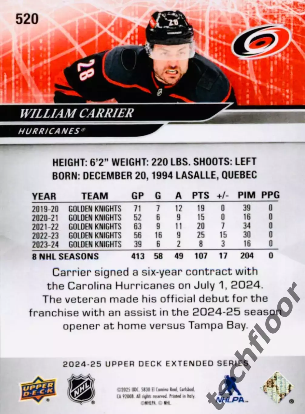 Карточка NHL William Carrier Carolina Hurricanes/Уильям Каррье Каролина НХЛ 1