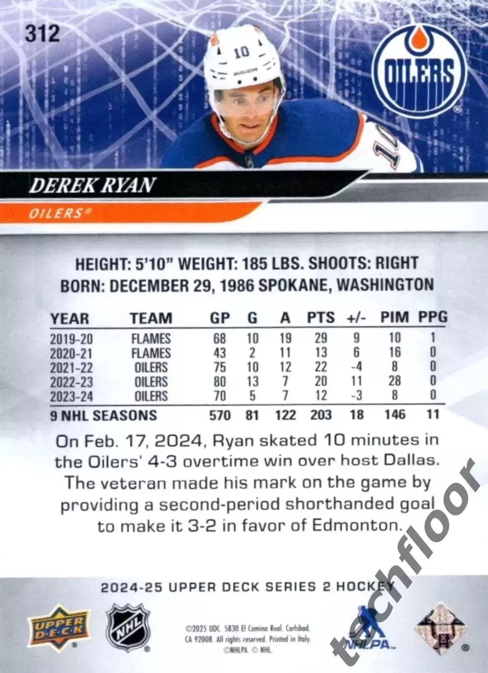 Карточка NHL Derek Ryan Edmonton Oilers/Дерек Райан Эдмонтон НХЛ 1