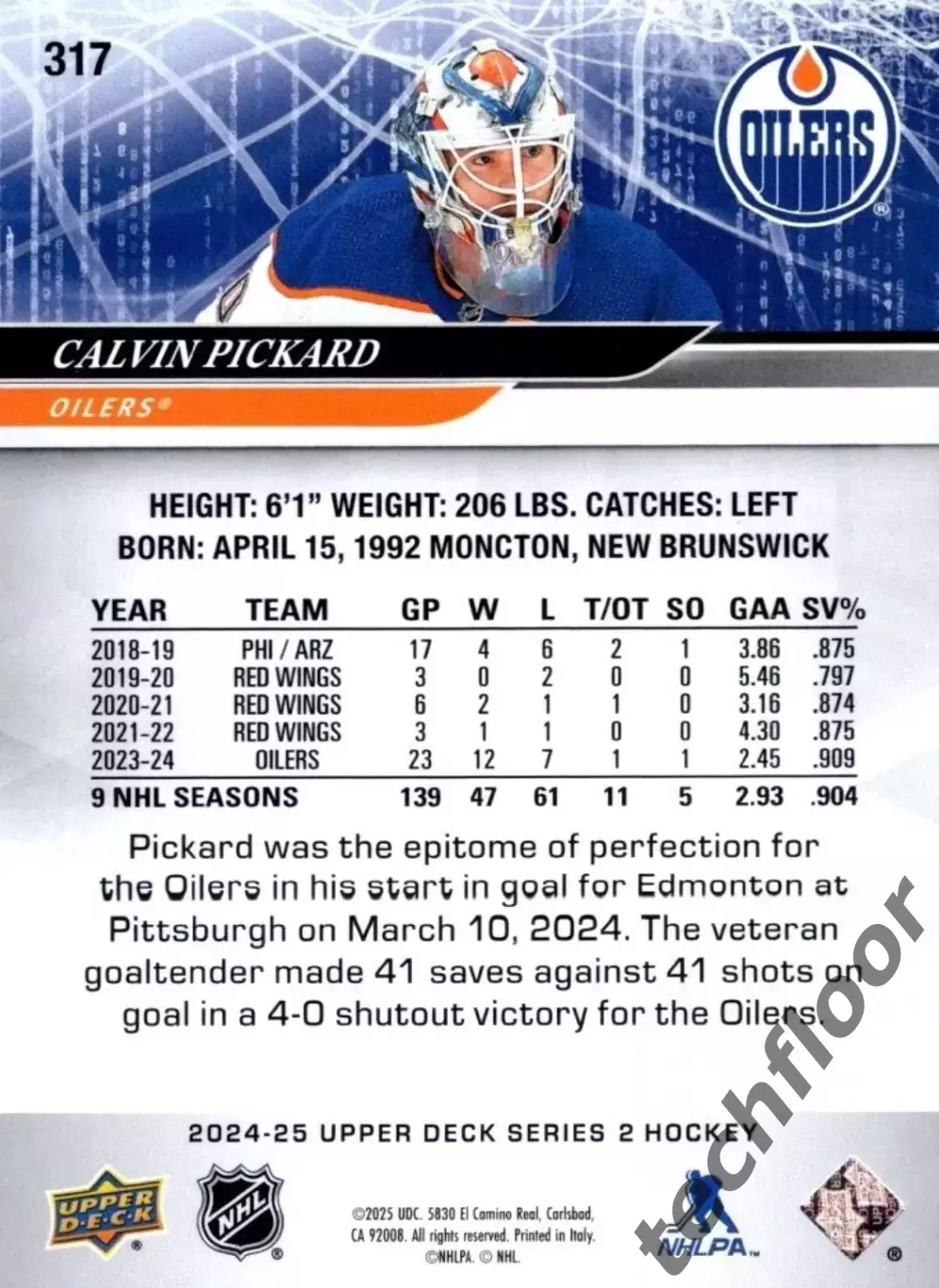 Карточка NHL Calvin Pickard Edmonton Oilers/Кэлвин Пикард Эдмонтон НХЛ 1