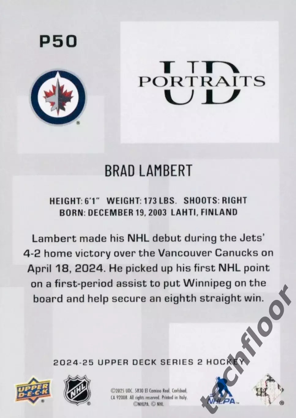 Карточка NHL Brad Lambert Winnipeg Jets/Брэд Ламберт Виннипег НХЛ 1
