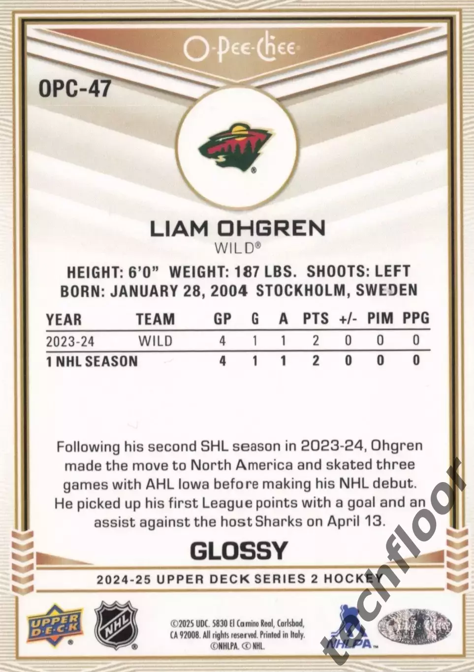 Карточка NHL Liam Ohgren Minnesota Wild/Лиам Эгрен Миннесота НХЛ 1