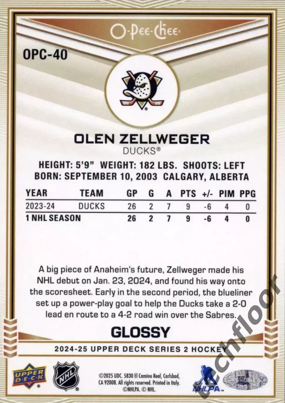Карточка NHL Olen Zellweger Anaheim Ducks/Олен Зеллвегер Анахайм НХЛ 1