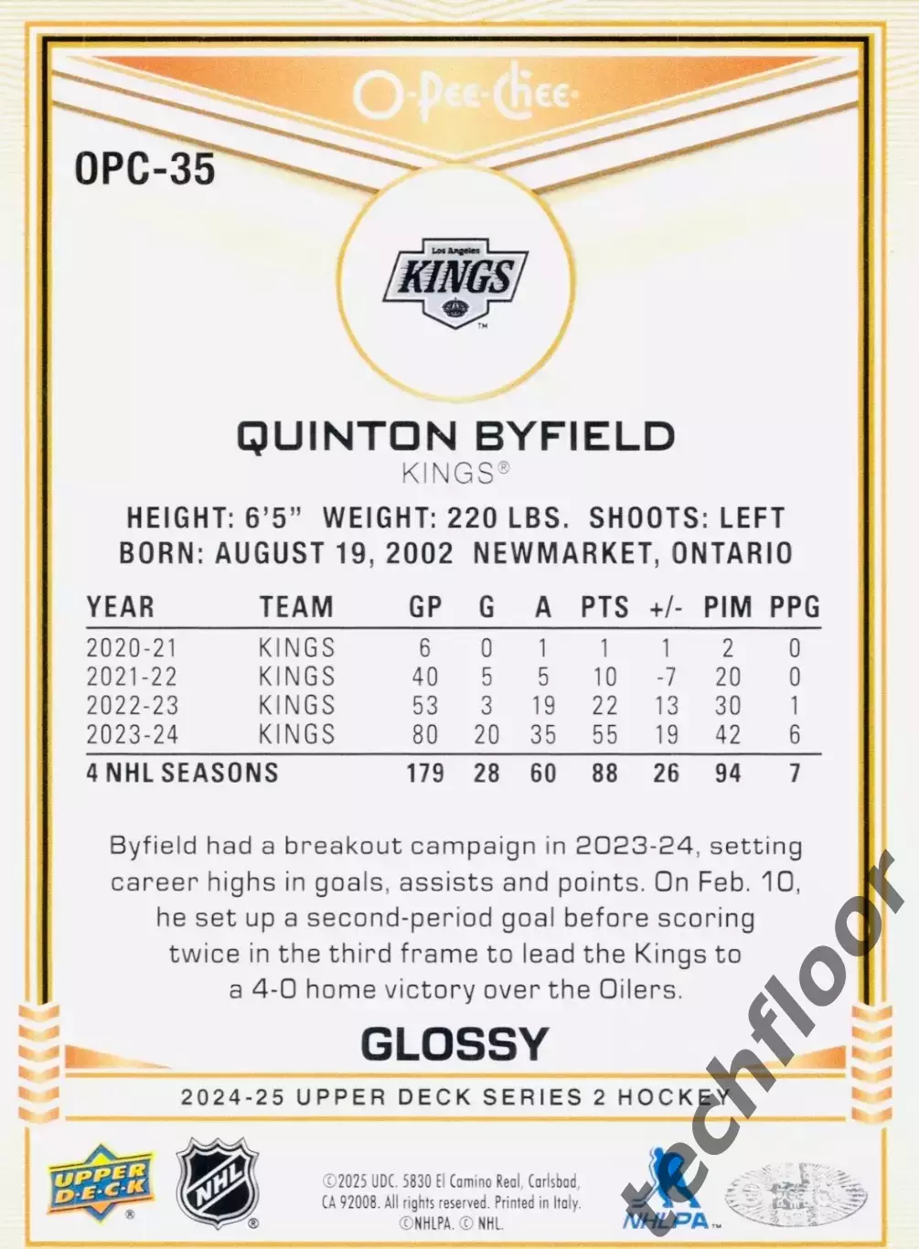 Карточка NHL Quinton Byfield LA Kings/Куинтон Байфилд Лос-Анджелес НХЛ 1