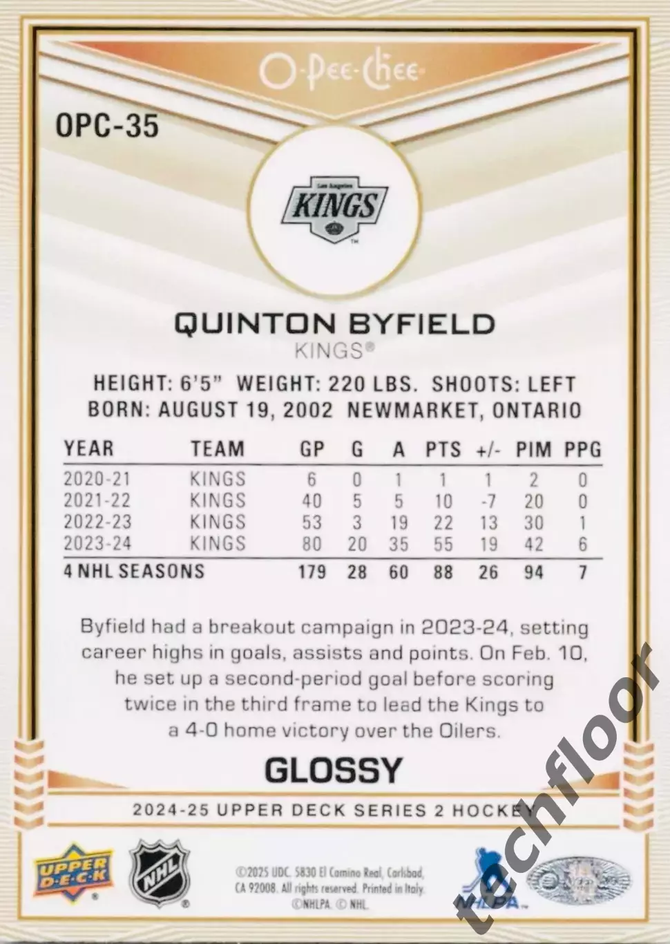 Карточка NHL Quinton Byfield LA Kings/ Куинтон Байфилд Лос-Анджелес НХЛ 1