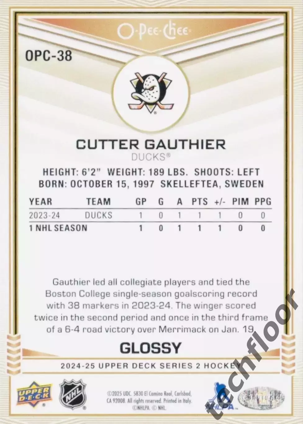 Карточка NHL Cutter Gauthier Anaheim Ducks/Каттер Готье Анахайм НХЛ 1