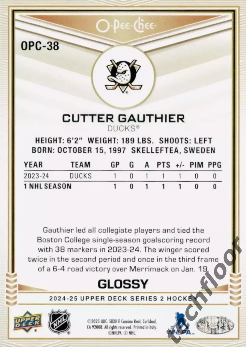 Карточка NHL Cutter Gauthier Anaheim Ducks/ Каттер Готье Анахайм НХЛ 1