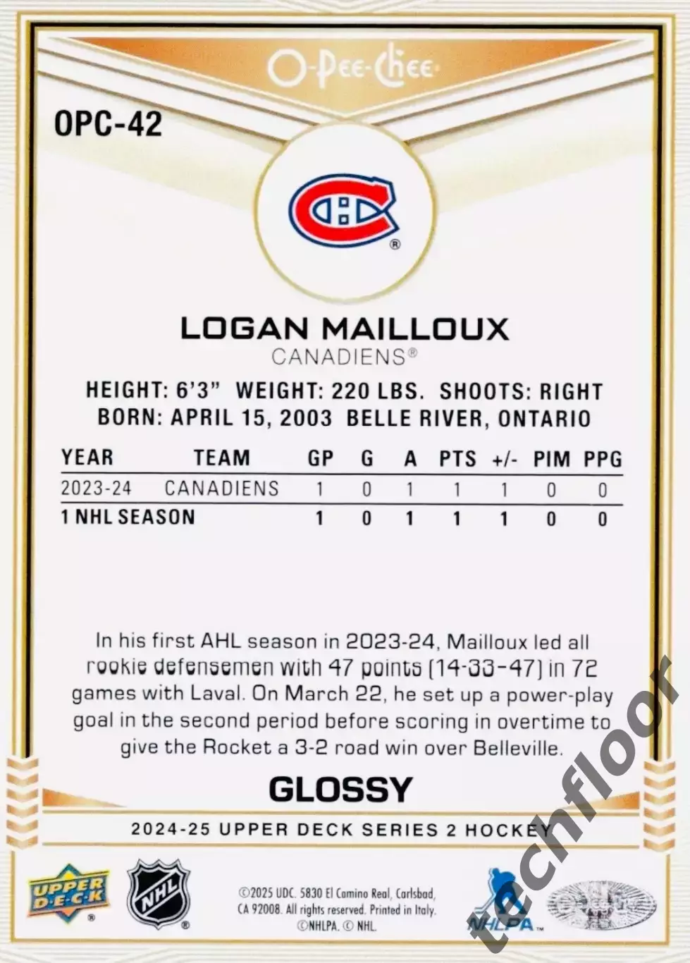 Карточка NHL Logan Mailloux Montreal Canadiens/Логан Мейлу Монреаль НХЛ 1