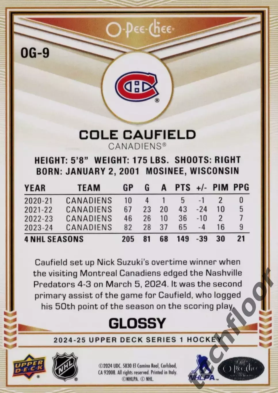 Карточка NHL Cole Caufield Montreal Canadiens/Коул Кофилд Монреаль НХЛ 1