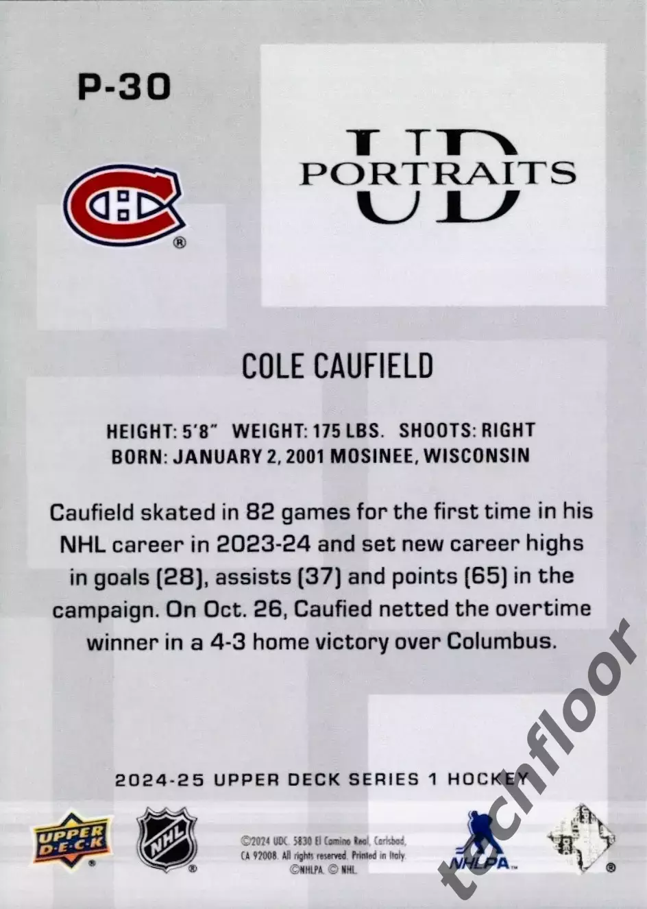 Карточка NHL Cole Caufield Montreal Canadiens/ Коул Кофилд Монреаль НХЛ 1
