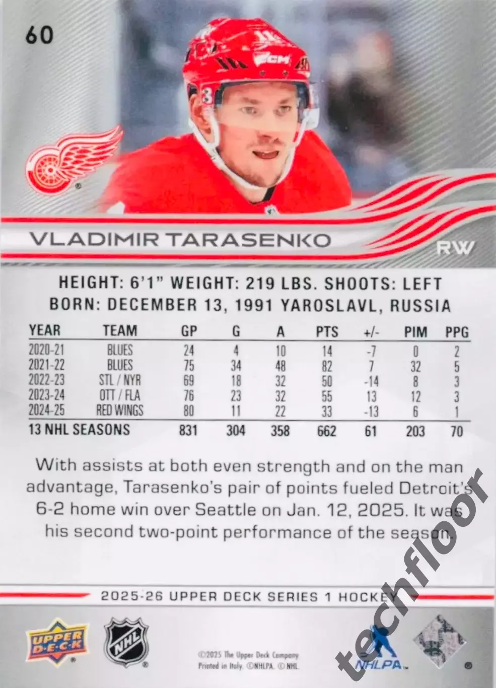Карточка NHL Vladimir Tarasenko Detroit Red Wings/Владимир Тарасенко Детройт НХЛ 1