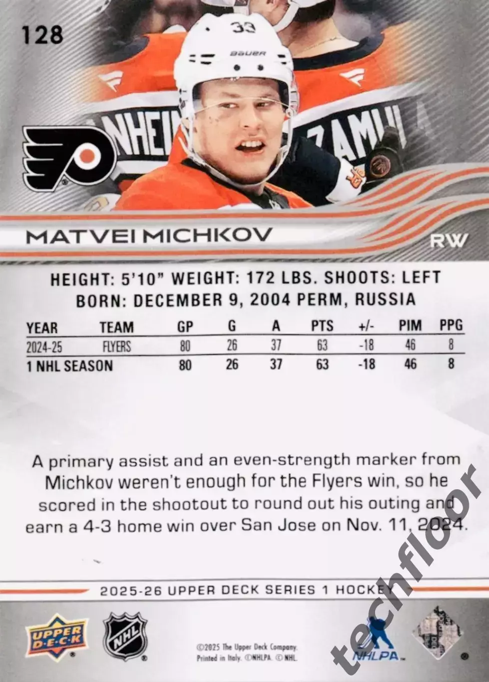 Карточка NHL Matvei Michkov Philadelphia Flyers/Матвей Мичков Филадельфия НХЛ 1