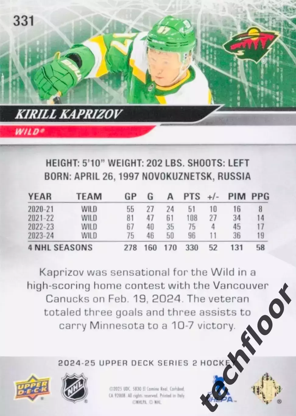 Карточка NHL Kirill Kaprizov Minnesota Wild/Кирилл Капризов 1