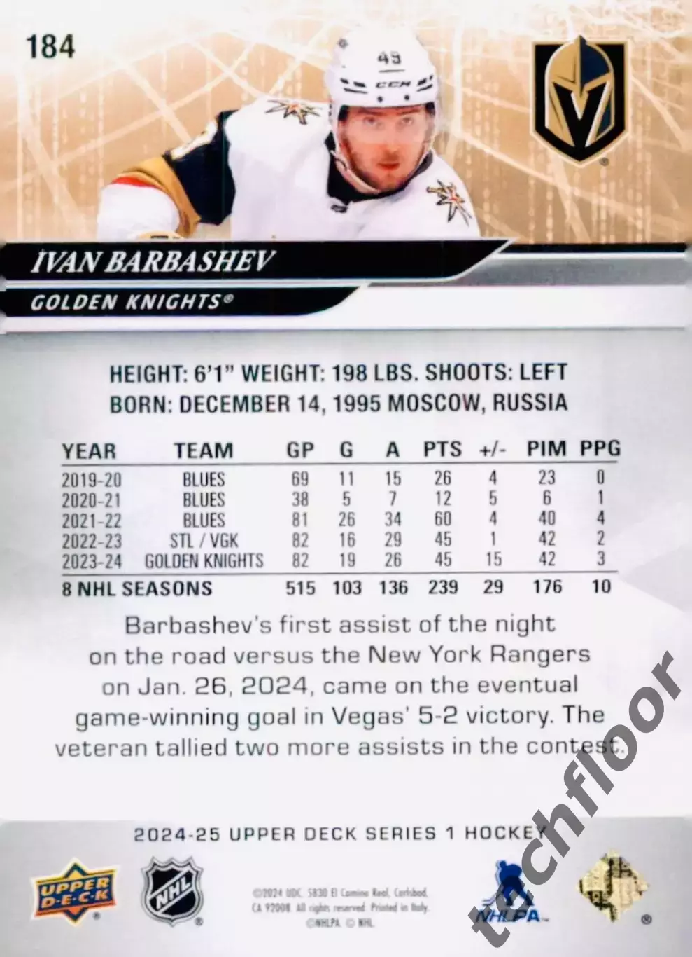 Карточка NHL Ivan Barbashev Vegas Golden Knights/Иван Барбашев Вегас НХЛ 1