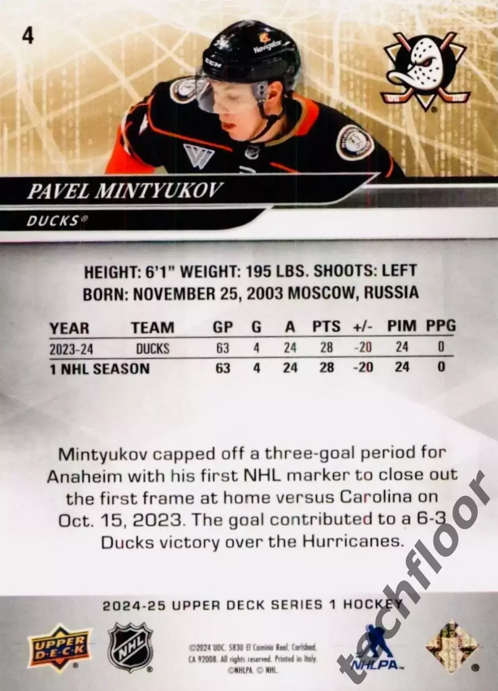 Карточка NHL Pavel Mintyukov Anaheim Ducks/Павел Минтюков Анахайм НХЛ 1