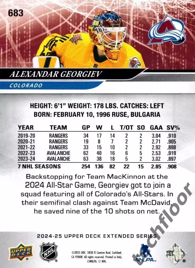 Карточка NHL Alexander Georgiev Colorado Avalanche/Александер Георгиев Колорадо 1