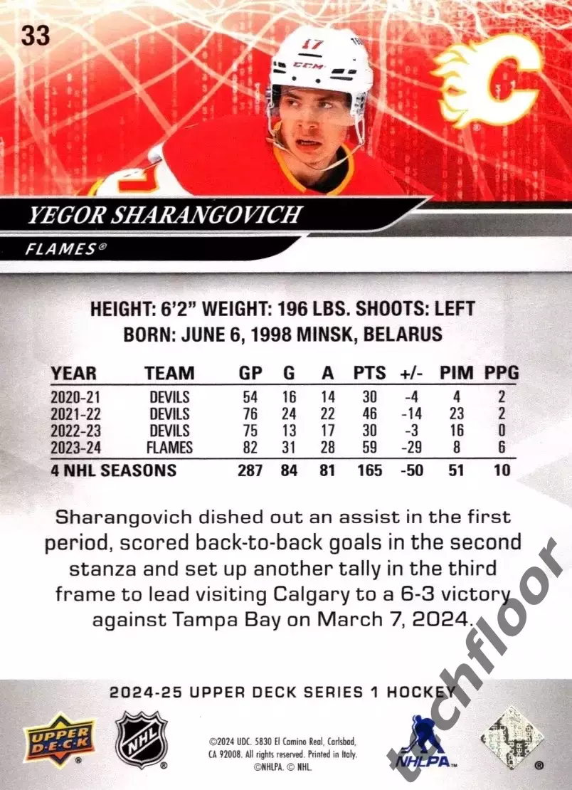 Карточка NHL Yegor Sharangovich Calgary Flames/Егор Шарангович Калгари НХЛ 1