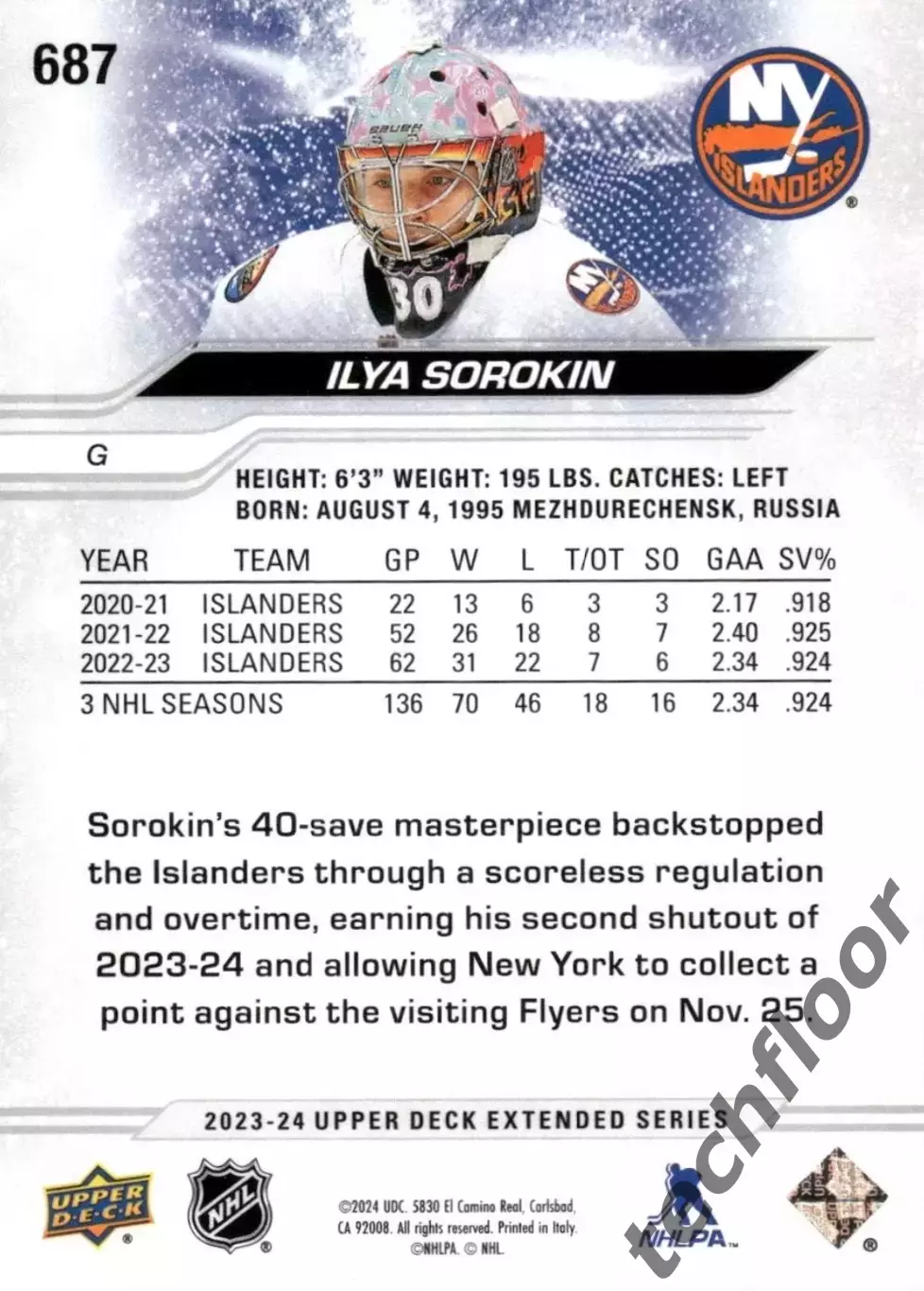 Карточка NHL Ilya Sorokin New York Islanders/Илья Сорокин Айлендерс НХЛ 1