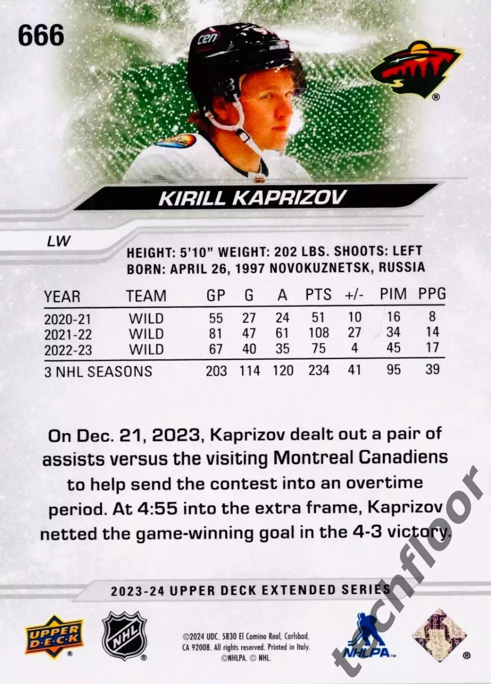 Карточка NHL Kirill Kaprizov Minnesota Wild/ Кирилл Капризов Миннесота НХЛ 1