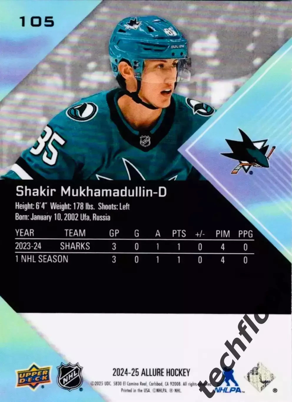 Карточка NHL Shakir Mukhamadullin San Jose Sharks/Шакир Мухамадуллин НХЛ 1