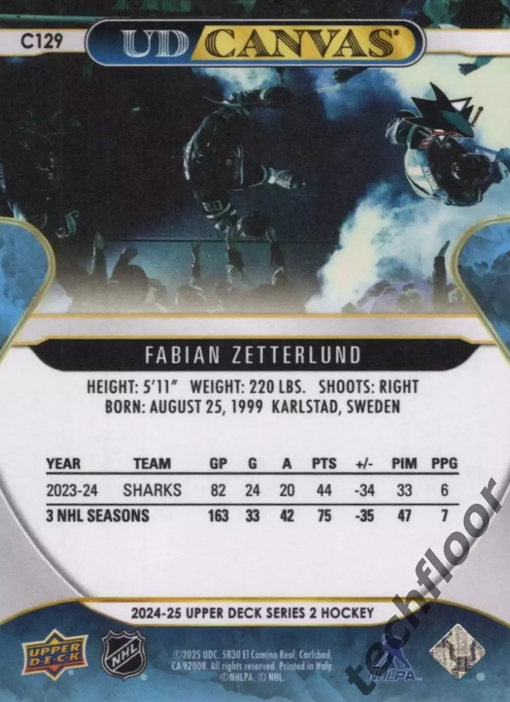 Карточка NHL Fabian Zetterlund San Jose Sharks / Фабиан Зеттерлунд Сан-Хосе НХЛ 1