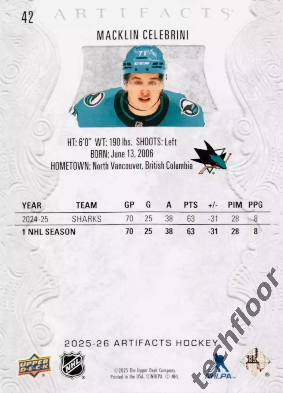 Карточка NHL Macklin Celebrini San Jose Sharks/Маклин Селебрини Сан-Хосе Шаркс 1