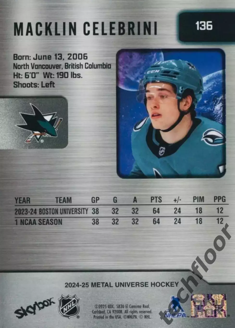 Карточка NHL Macklin Celebrini San Jose Sharks /Маклин Селебрини Сан-Хосе Шаркс 1