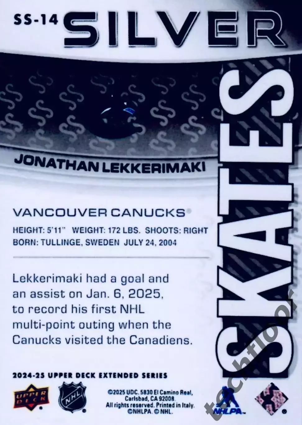 Карточка NHL Jonathan Lekkerimaki Vancouver Canucks/Юнатан Леккеримяки Ванкувер 1