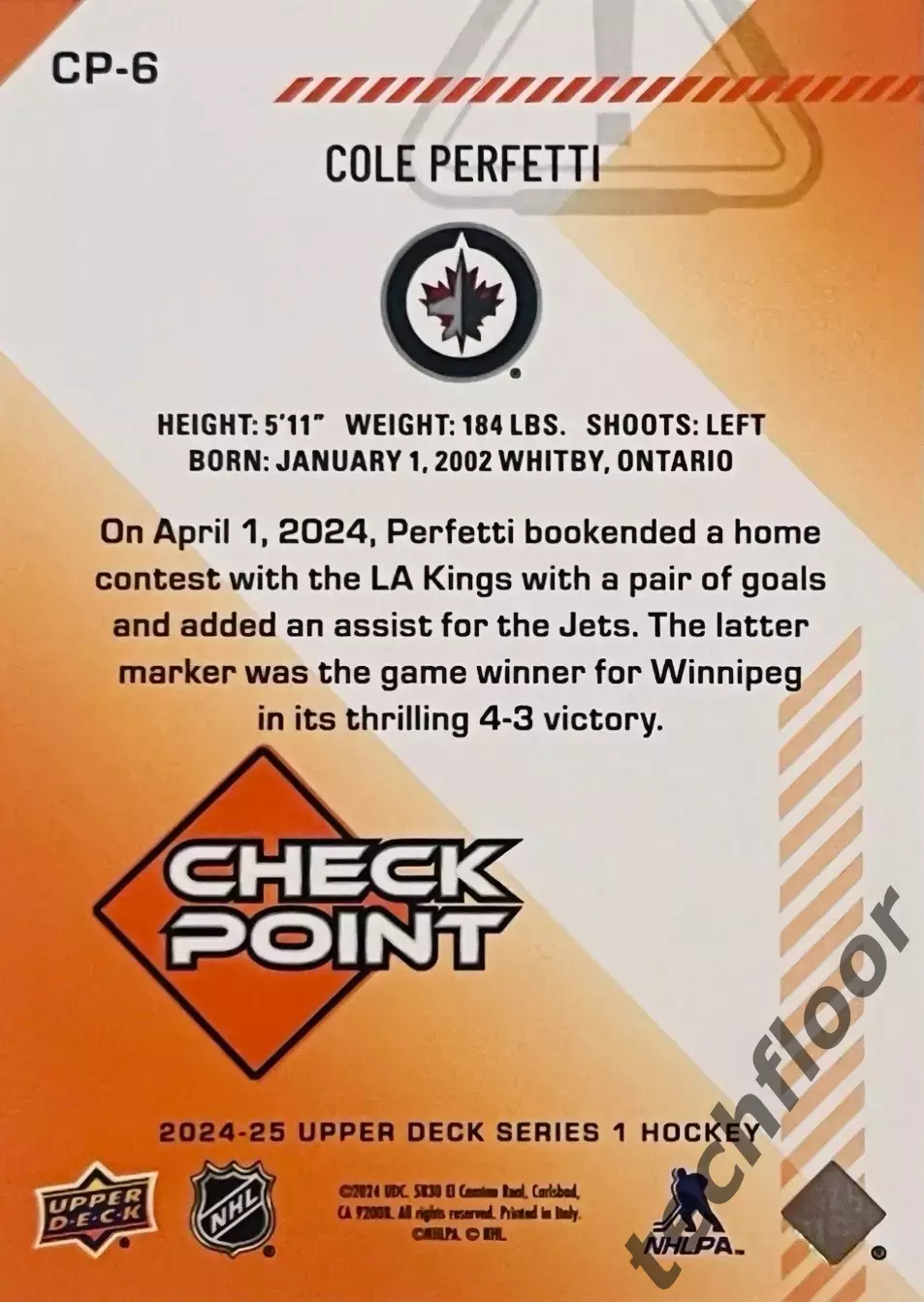 Карточка NHL Cole Perfetti Winnipeg Jets/Коул Перфетти Виннипег НХЛ 1