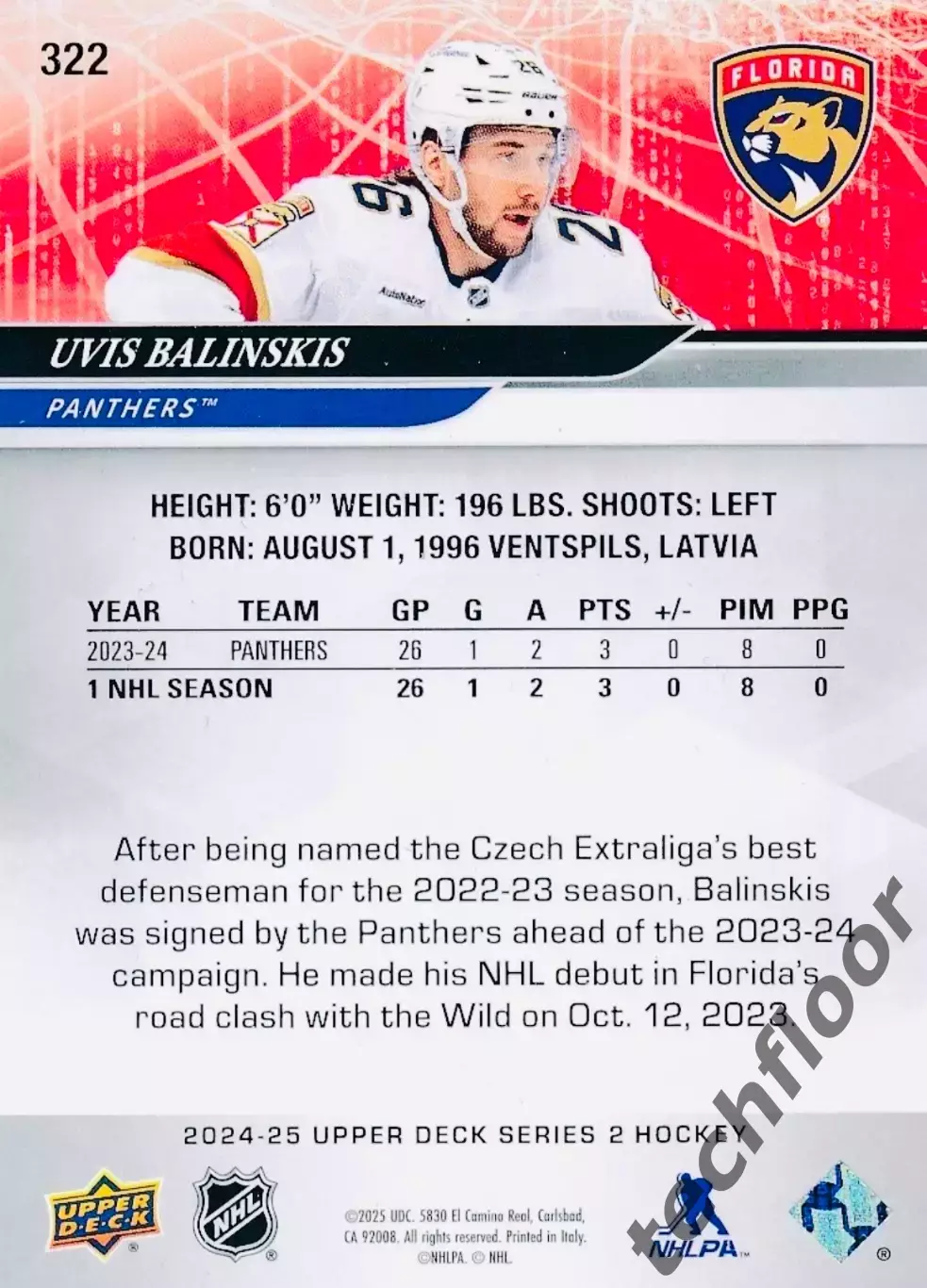 Карточка NHL Uvis Balinskis Florida Panthers/Увис Балинскис Флорида НХЛ 1