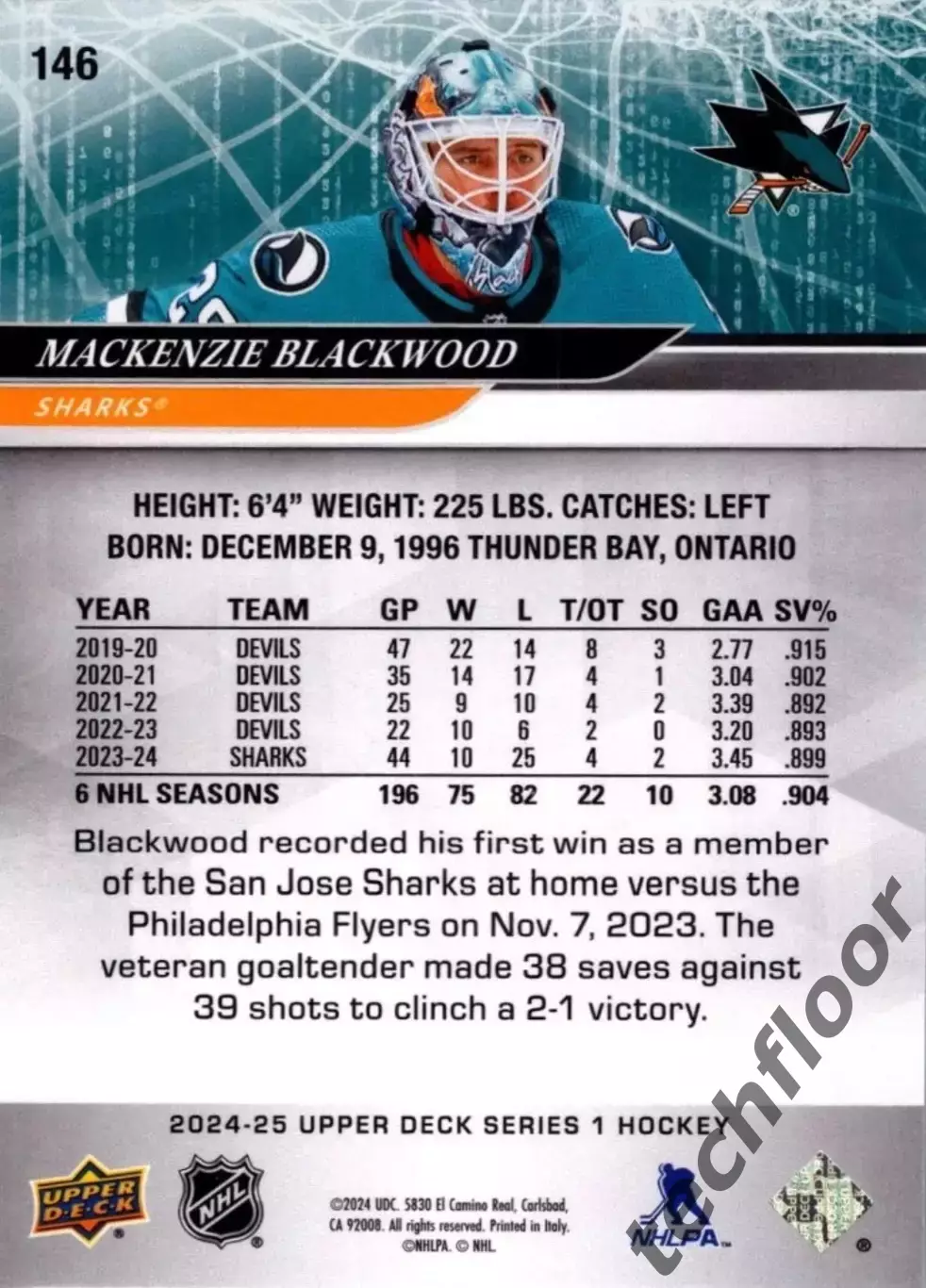 Карточка NHL MacKenzie Blackwood San Jose Sharks/Маккензи Блэквуд Сан-Хосе НХЛ 1