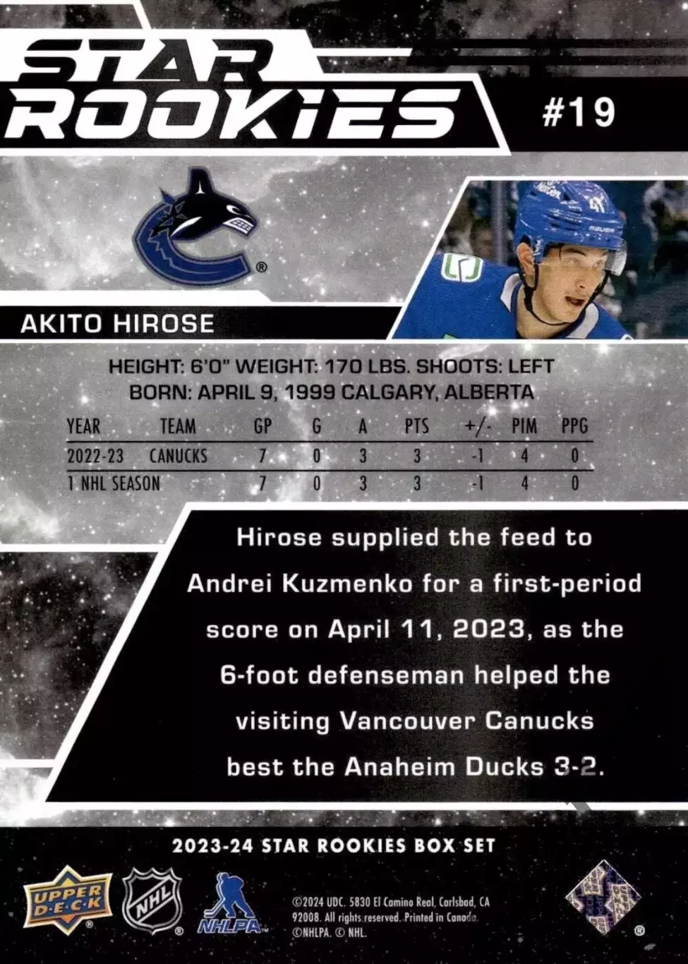 Карточка NHL Akito Hirose Vancouver Canucks/Акито Хиросе Ванкувер НХЛ 1