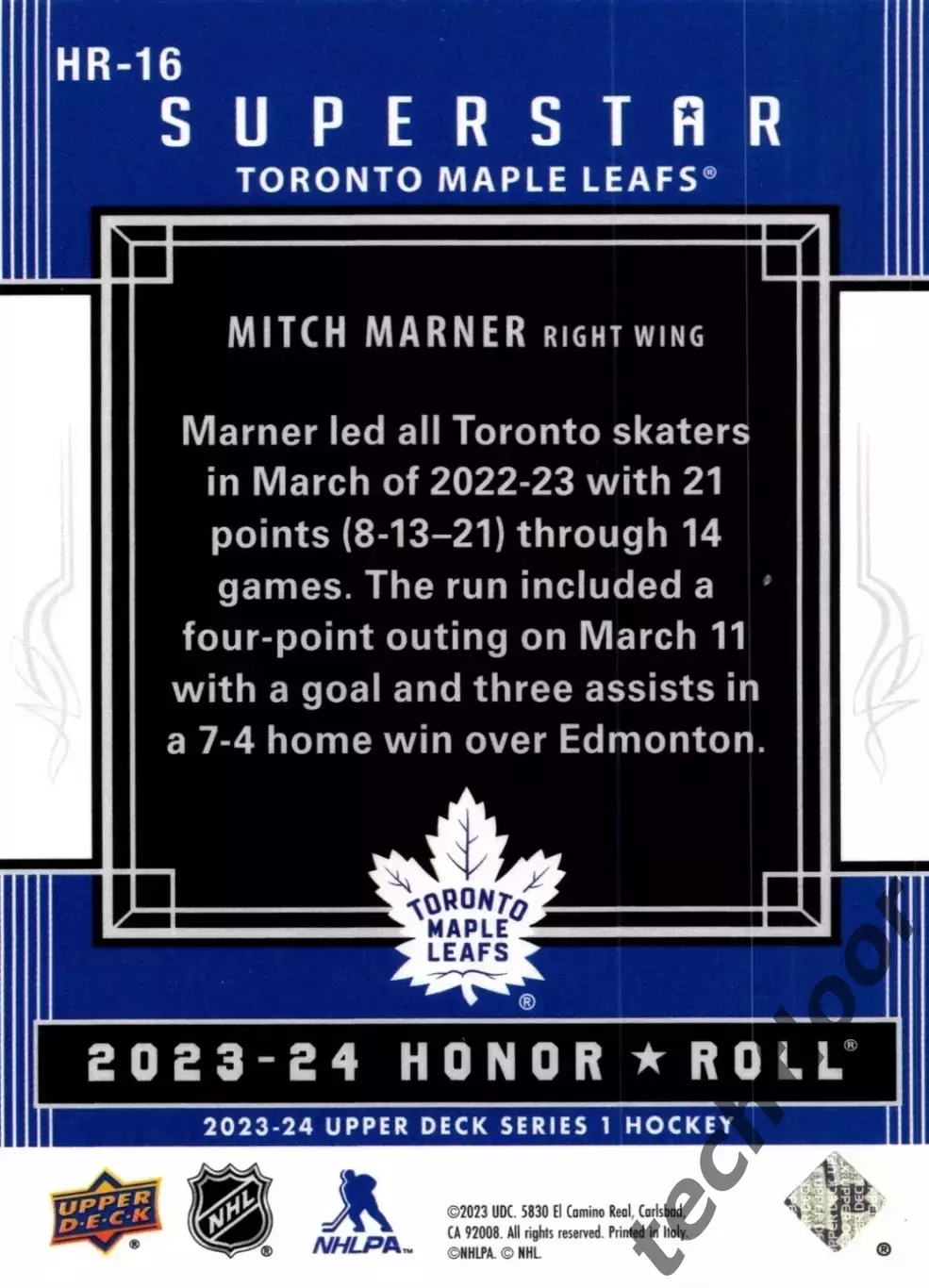Карточка NHL Match Marner Toronto Maple Leafs / Митч Марнер Торонто НХЛ 1