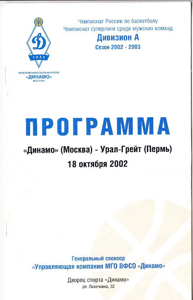 Динамо Москва - Урал-Грейт Пермь 18.10.2002.Чемпионат России
