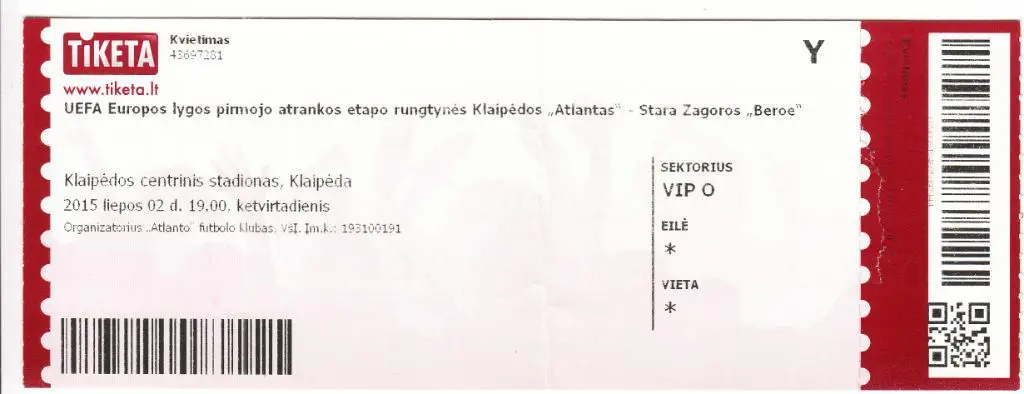Билет. Атлантас Клайпеда - Берое Стара Загора Болгария 2015 Лига Европы