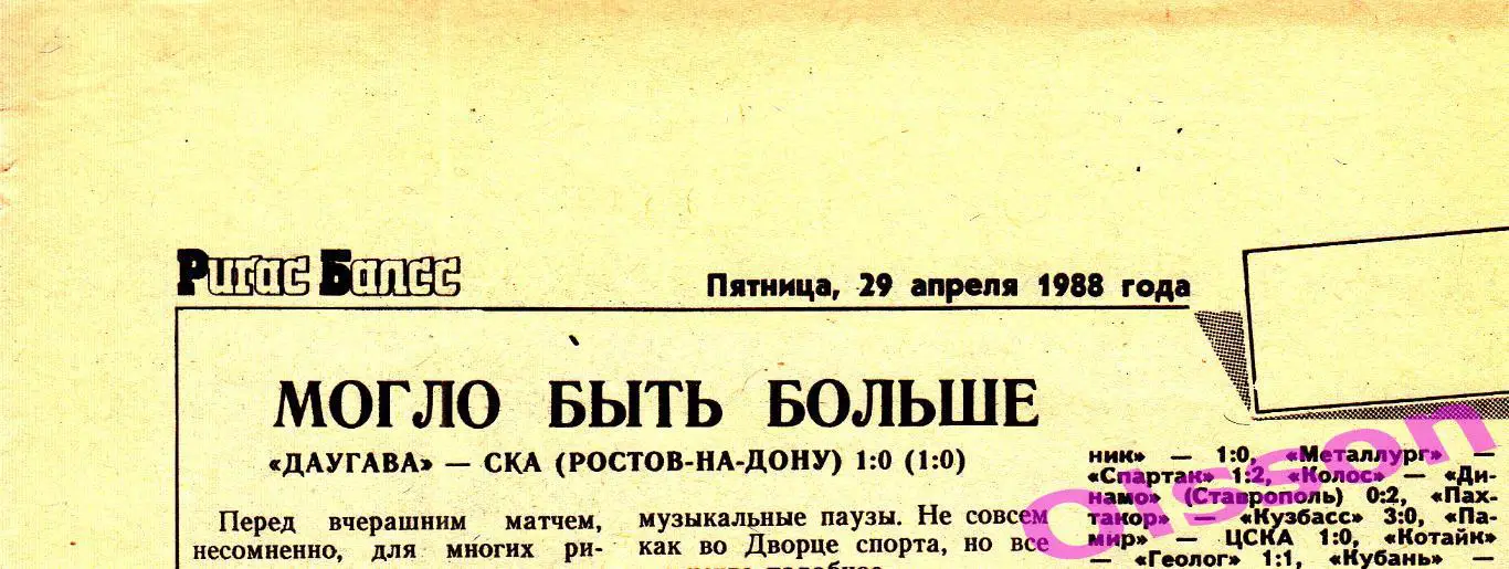 Отчет о матче. Даугава Рига - СКА Ростов 1988 Чемпионат СССР *