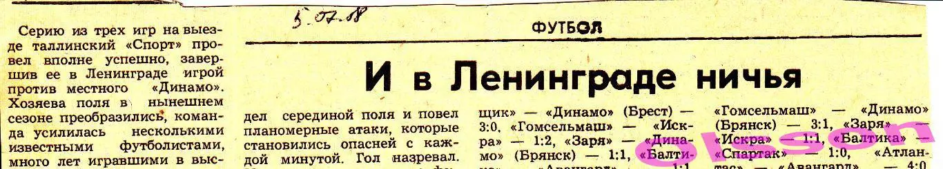Отчеты о матче. Динамо Ленинград - Спорт Таллинн 1988 Чемпионат СССР *