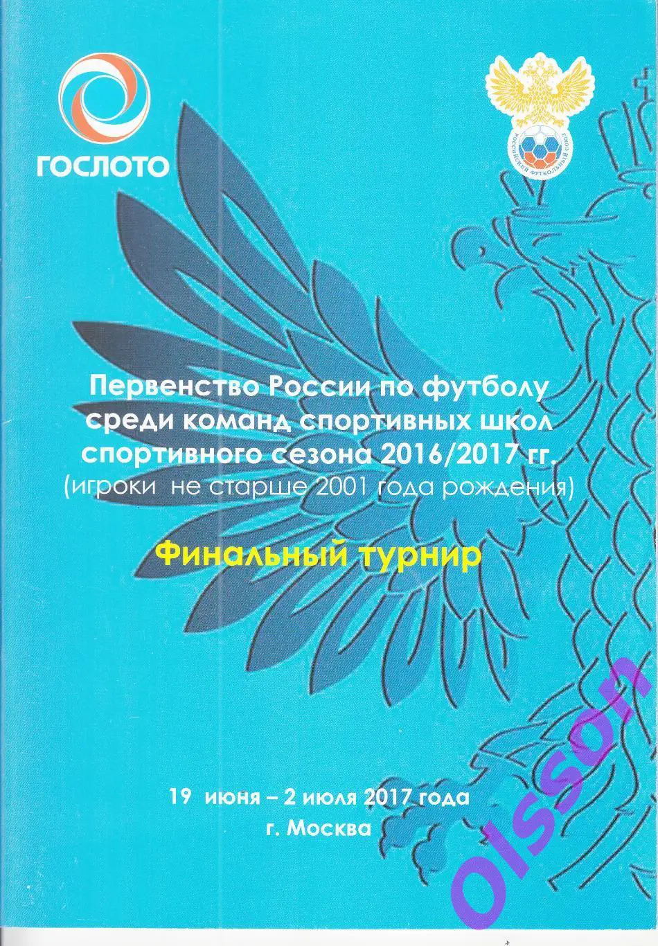Финальный турнир. Юноши 2001 г.р. 19 июня-2 июля 2017 г. Москва ( см.описание) *