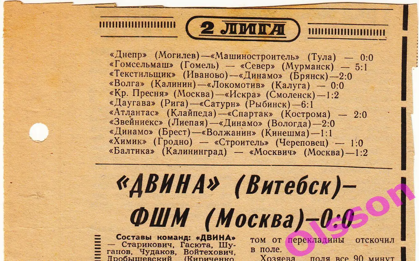 Отчеты о матче. Двина Витебск - ФШМ Москва 1979 Чемпионат СССР *