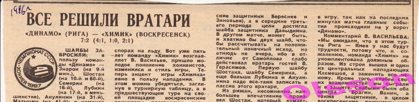 Хоккейный отчет. Динамо Рига - Химик Воскресенск 1986 Чемпионат СССР *