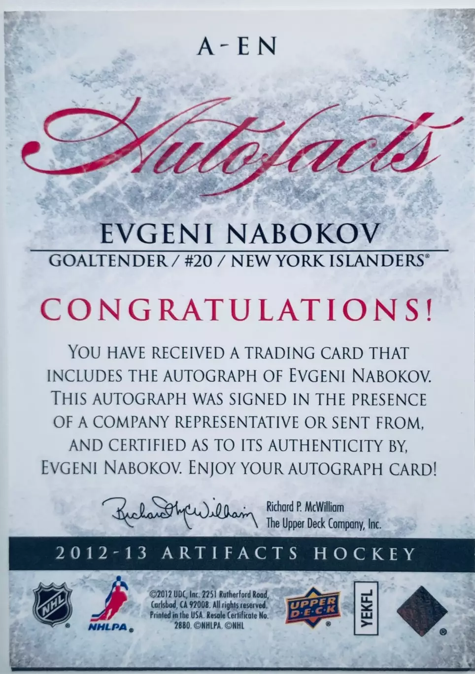 Карточка Евгений Набоков New York Islanders 1