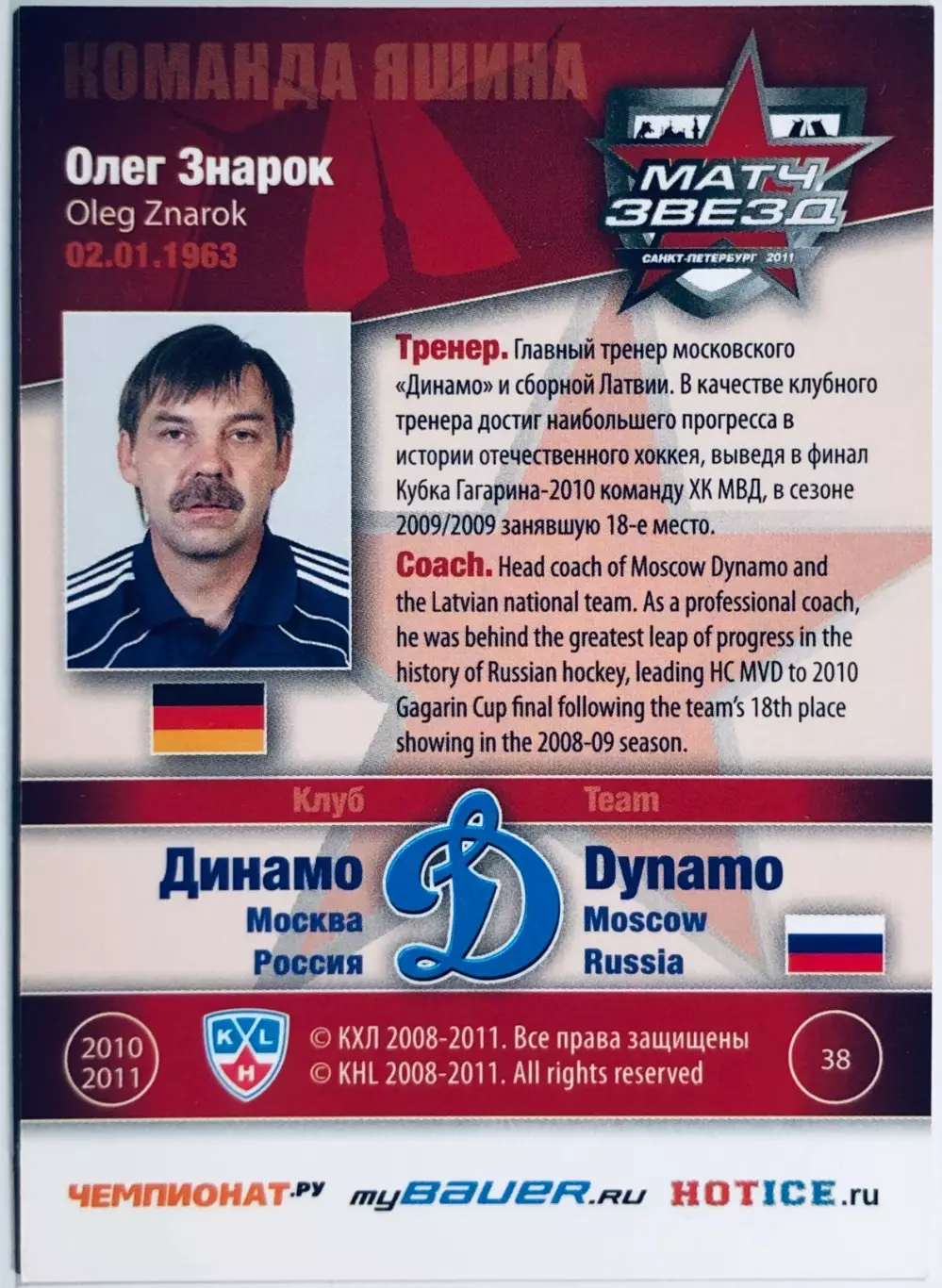 Карточка Олег Знарок ХК ”Динамо” Москва 1