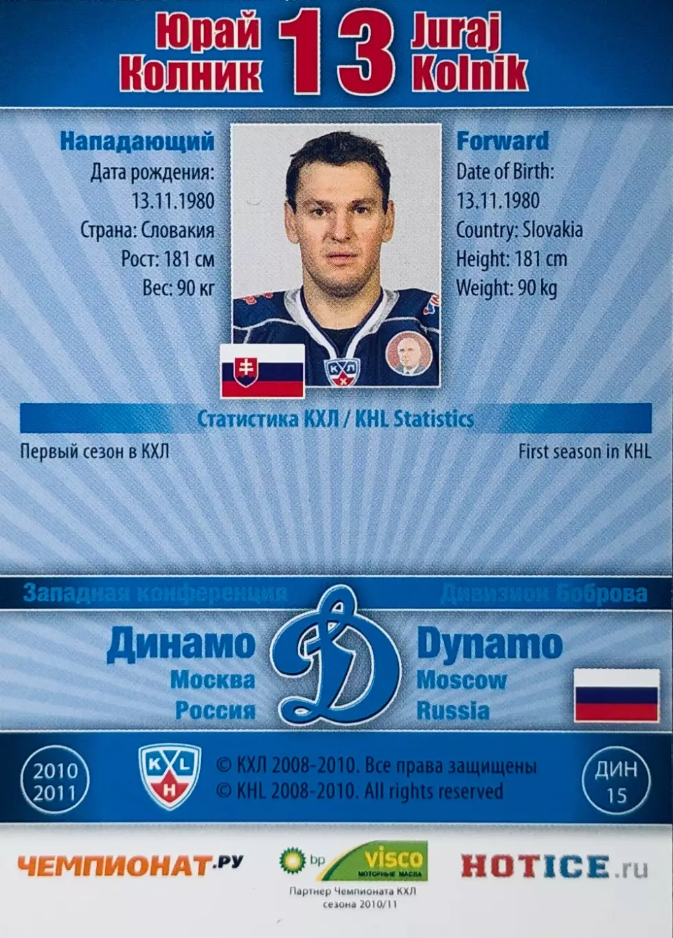 Карточка Юрай Колник ХК ”Динамо” Москва 1